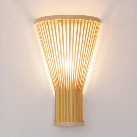 Aplique de pared en bambú natural, en forma de tambor con luz blanca en el interior