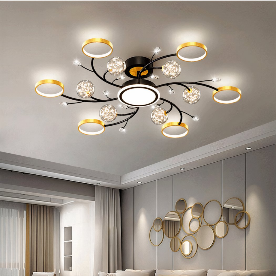 Araña circular moderna para dormitorio de adulto en cristal y hierro sobre fondo gris
