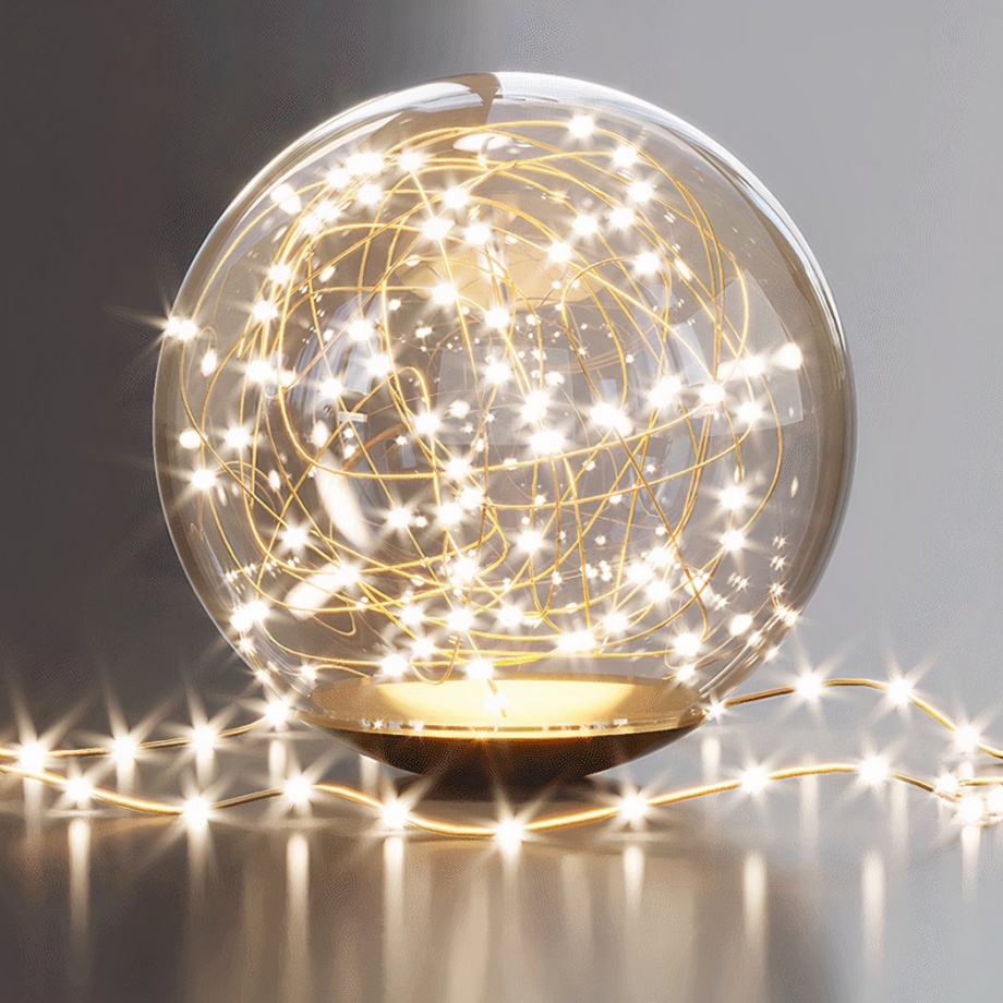 Primer plano de la esfera de cristal con luces cálidas en su interior