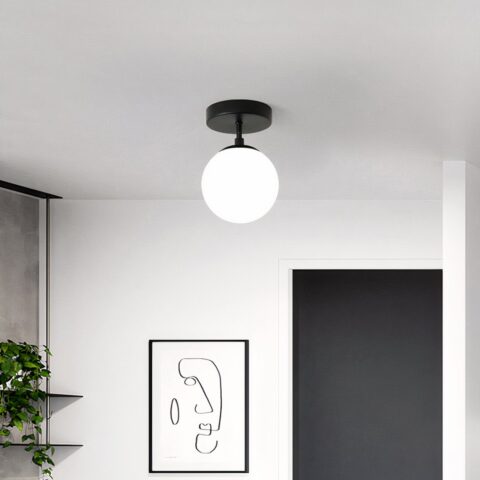 Plafón LED redondo de cristal y hierro para cuarto de baño con fondo gris e imagen