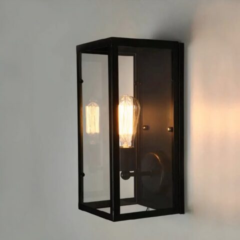 Aplique LED de metal negro y retro sobre fondo gris