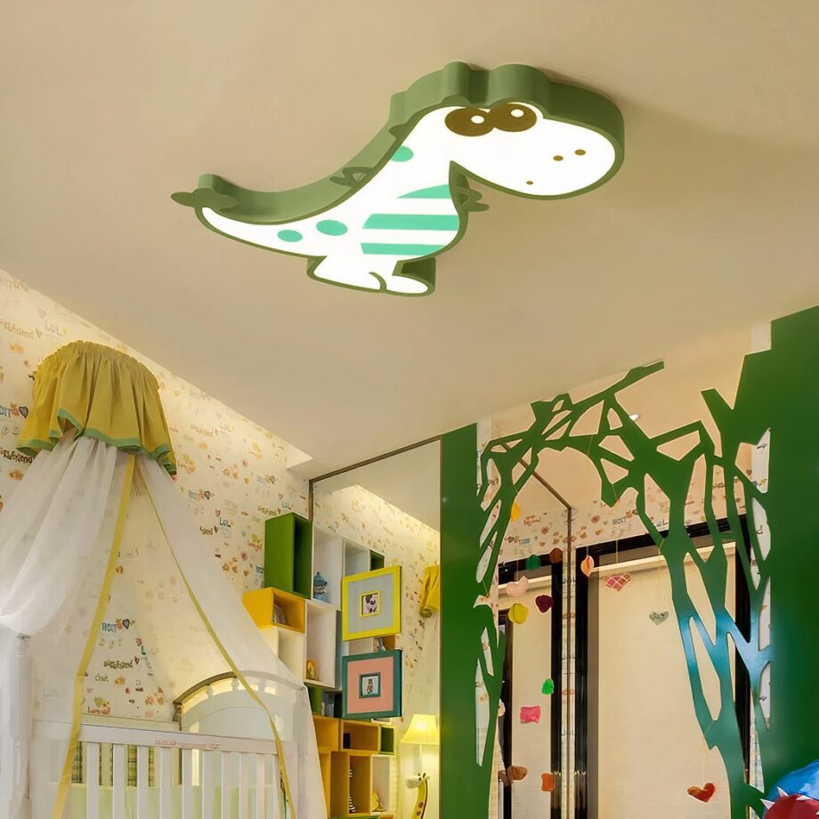 Araña de metal en forma de dinosaurio para niños Araña de metal con forma de dinosaurio infantil en el techo de un dormitorio beige