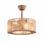 Candelabro de ventilador de techo, beige, en cuerda trenzada. Con bombillas. Fondo blanco.