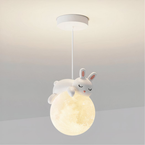 Moderna y minimalista lámpara LED con forma de conejo de resina sobre fondo gris