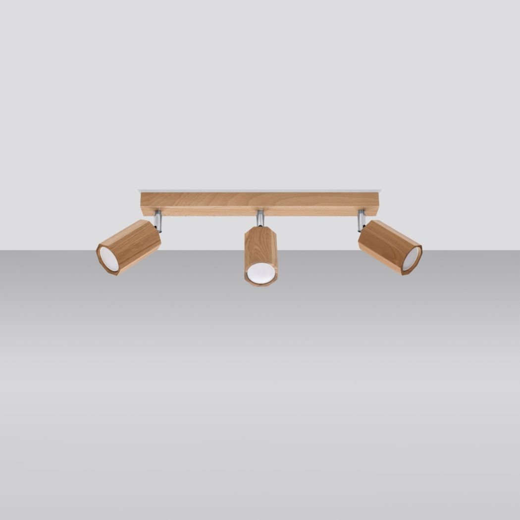 Plafón de diseño en madera natural con 3 focos orientables