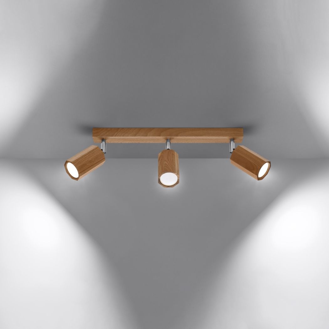 Plafón de diseño en madera natural con 3 focos orientables