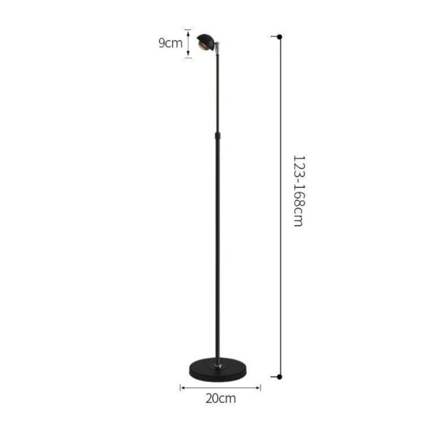 Esquema con medidas de la lámpara de pie, altura ajustable de 123 a 168 cm