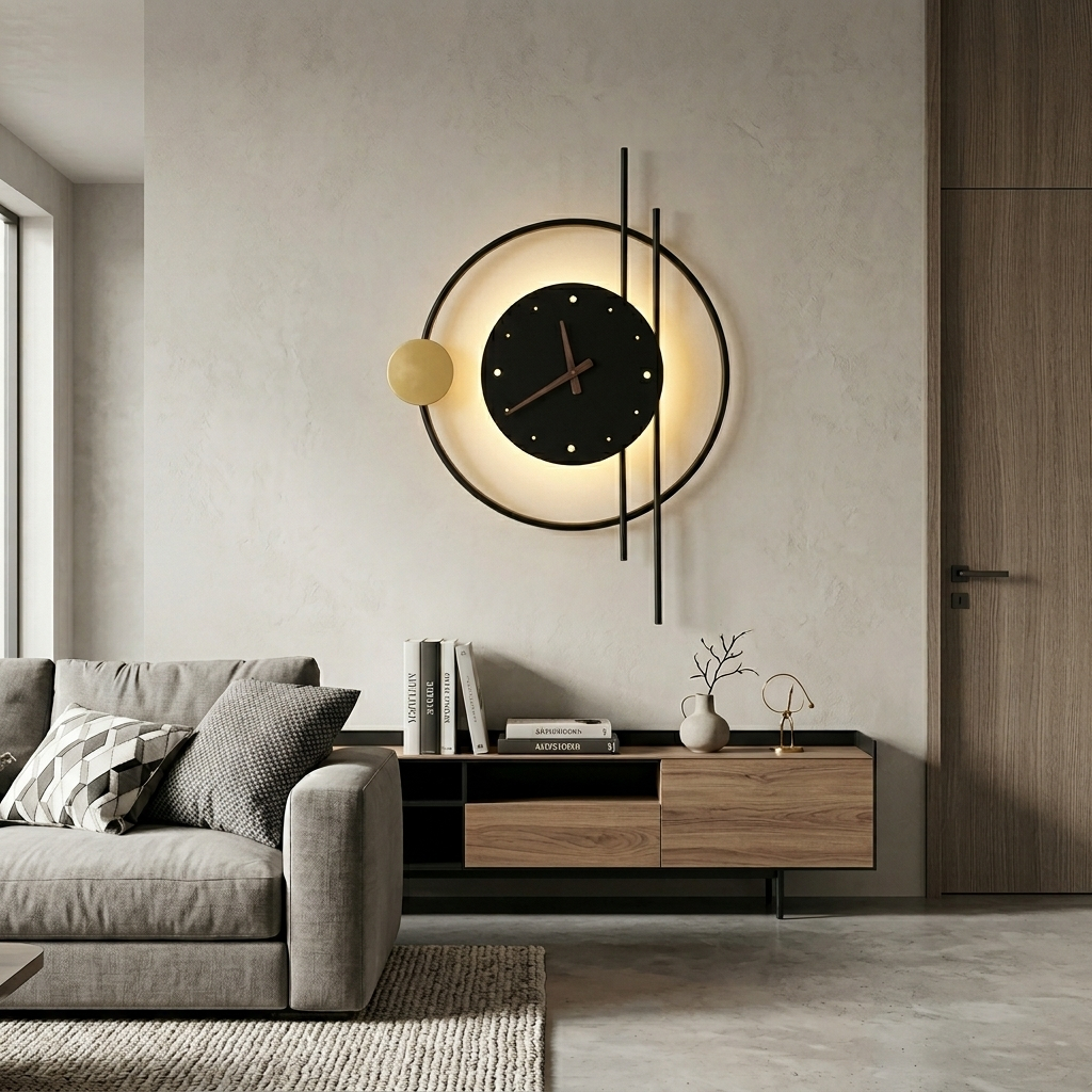 Reloj de pared decorativo con iluminacion sobre un aparador en el salon