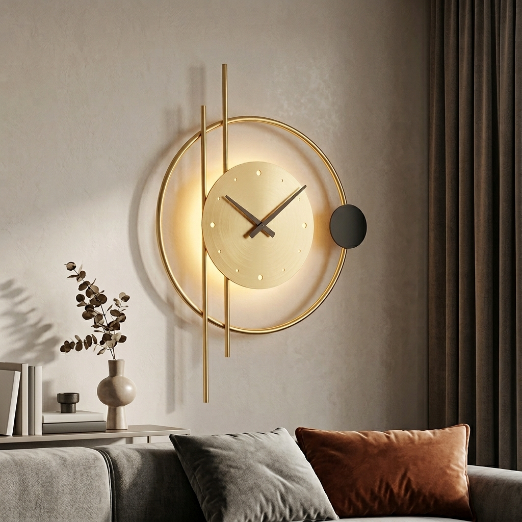 Reloj de pared decorativo dorado con iluminacion integrada sobre un sofa
