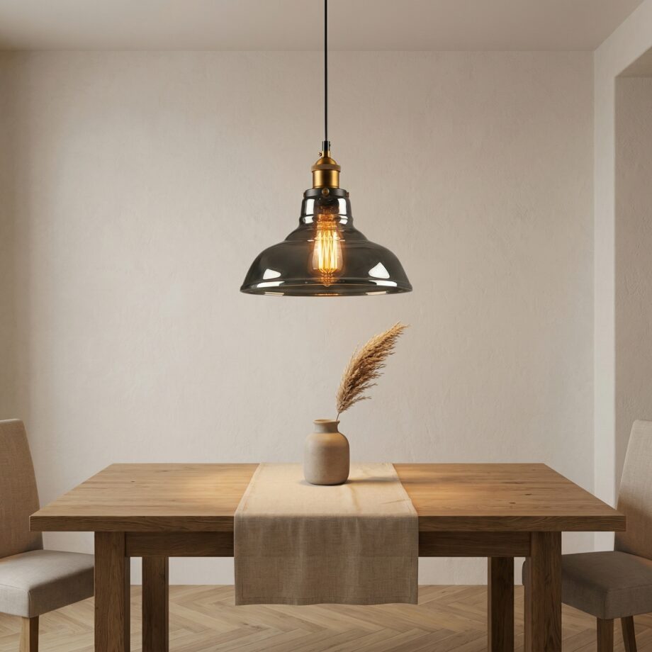 Lámpara colgante vidrio ahumado chic diseño industrial elegante — detalle