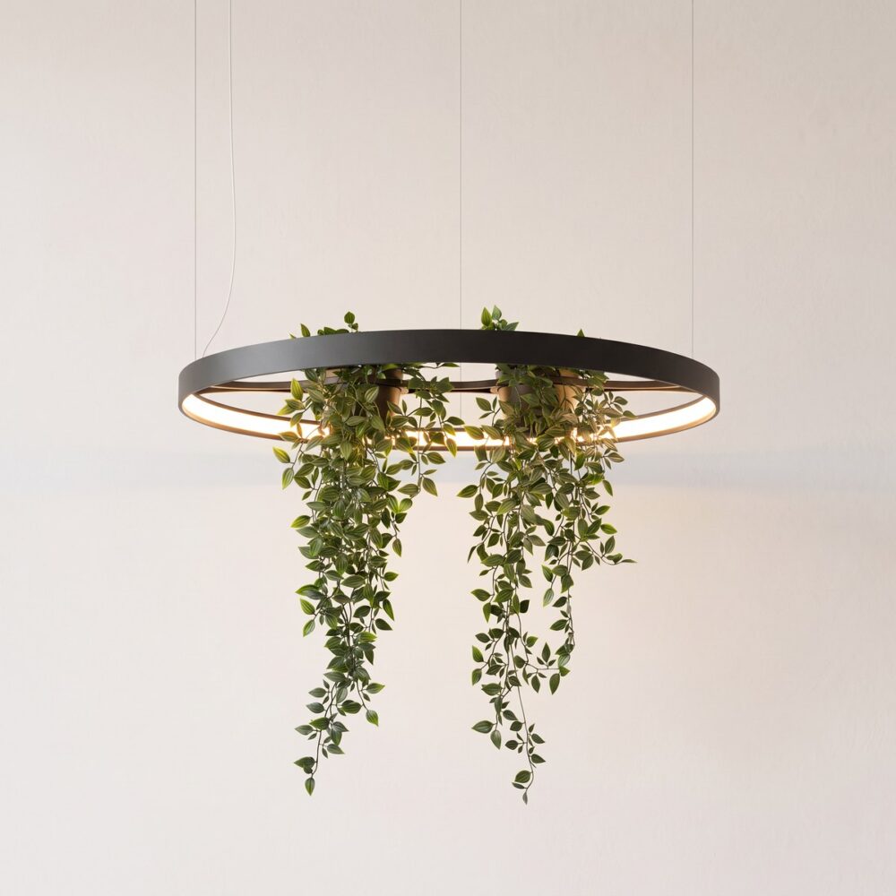Lámpara colgante de anillo LED negra con jardinera integrada
