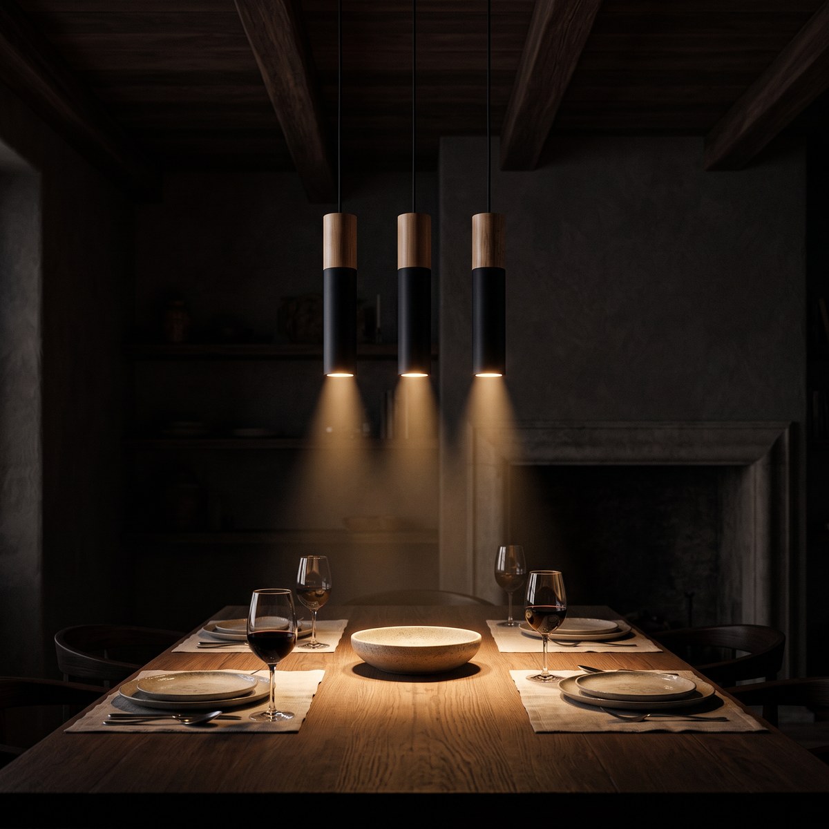 Lámpara colgante minimalista de 3 luces en acero y madera