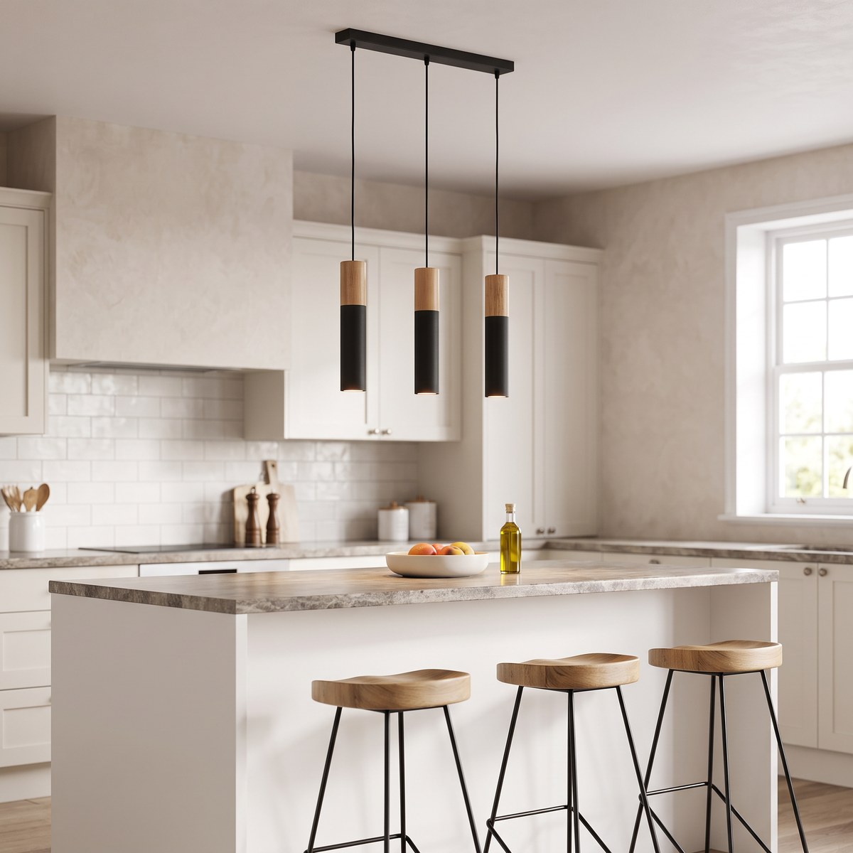 Lámpara colgante minimalista de 3 luces en acero y madera